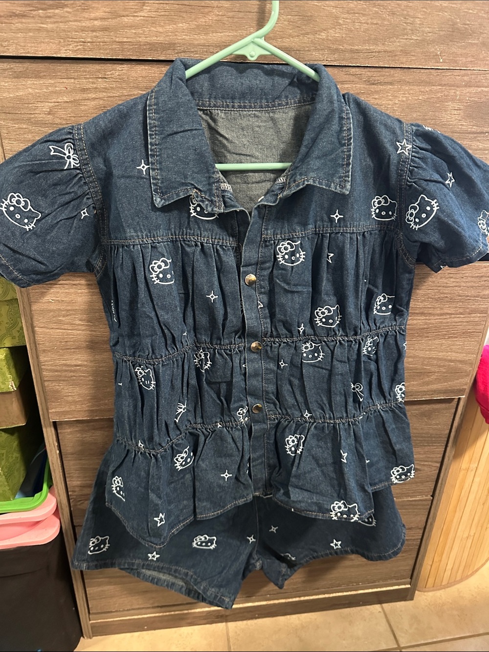 Hello Kitty Dark Blue Denim Button-Front Romper Top one size